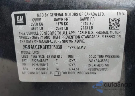 2015 Chevrolet Equinox 2Lt from USA, damaged, VIN 2GNALCEK0F6205039